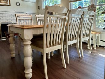 (kit) Vintage Oak Top Farmhouse Dining Table With Six Chairs & Two Seat Bench - 78' By 39' By 29'h