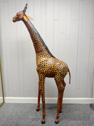 (P-48) VINTAGE PAPER MACHE, LEATHER & WOOD TALL GIRAFFE SCULPTURE - EXOTIC DECOR - 64' BY 36' BY 15'