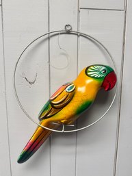 (P-49) COLORFUL VINTAGE PAPER MACHE HANGING PARROT BIRD ON A BRASS HOOP- 13'