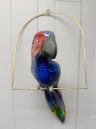 (P-50) COLORFUL VINTAGE PAPER MACHE HANGING PARROT BIRD ON A BRASS HOOP- 20'