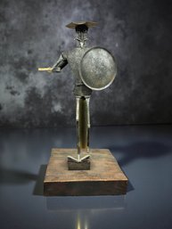 (A-60) VINTAGE MID CENTURY MODERN BRUTALIST DON QUIXOTE SCULPTURE SCRAP METAL-17' TALL-WOOD BASE