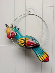 (P-52) COLORFUL VINTAGE PAPER MACHE HANGING PARROT BIRD ON A BRASS HOOP- 14'