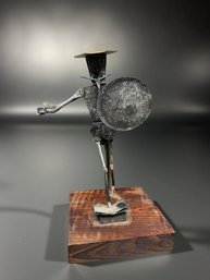 (A-61) VINTAGE MID CENTURY MODERN BRUTALIST DON QUIXOTE SCULPTURE SCRAP METAL-WOOD BASE-SPAIN-MISSING SPEAR