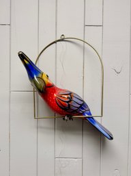 (P-53) COLORFUL VINTAGE PAPER MACHE HANGING PARROT BIRD ON A BRASS HOOP- 20'