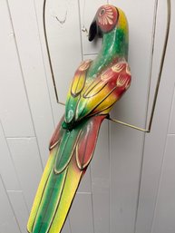 (P-54) COLORFUL VINTAGE PAPER MACHE HANGING PARROT BIRD ON A BRASS HOOP- 22'