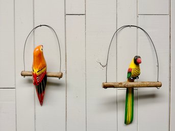 (P-55) PAIR OF COLORFUL VINTAGE PAPER MACHE HANGING PARROTS BIRD SON A BRASS HOOP- 10'