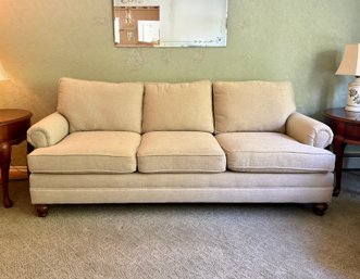 (LR) IVORY LINEN THREE SEAT SOFA - GREAT CONDITION - 86' BY 38' BY 36' SEAT: 19'