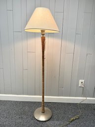 (P-59) ROBERT ABBEY RATTAN ROPE WRAPPED FLOOR LAMP WITH LINEN SHADE, WORKING - 57'