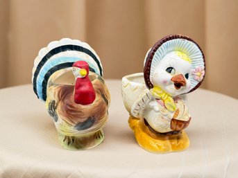 (A-79) PAIR OF VINTAGE REUBENS CERAMIC PLANTER/BASKETS-1950'S-TURKEY AND CHICK