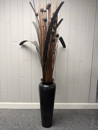 (P-62) OVERSIZED GRAY METAL FLOOR VASE WITH DECORATIVE BRANCHES -27'