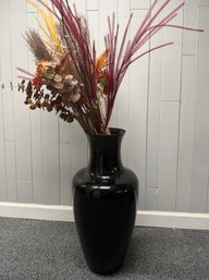 (P-63) OVERSIZED BLACK GLASS FLOOR VASE WITH DECORATIVE BRANCHES - 31' BY 15'