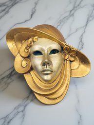 (A-86) VINTAGE GOLD HAND COLORED PAPER MACHE VENETIIAN MASQUERDE MASK-VENEZIA