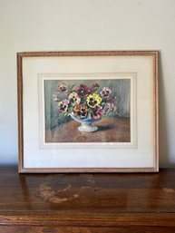 (LR-9) LOVELY VINTAGE ORIGINAL WATERCOLOR BY BEATRICE R. ROWLSTONE, BRITISH 'PANSIES' - 23' BY 20'