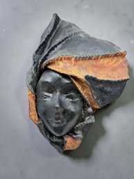 (A-91) VINTAGE LARGE LEATHER MASK-FACE SCULPTURE-WALL ART DECORATION-TRIBAL FOLK ART-APPROX. 16' X 11'