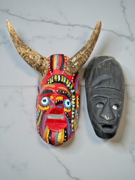 (A-92) VINTAGE PAIR OF HAND CARVED WOODEN FOLK ART MASKS-DIABLO FOR ONE