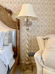 (UPBED) ORNATE IVORY WOOD TORCHIERE FLOOR LAMP DECORATED WITH PAINTED GOLD GILT ACCENTS - 67' BY 19'