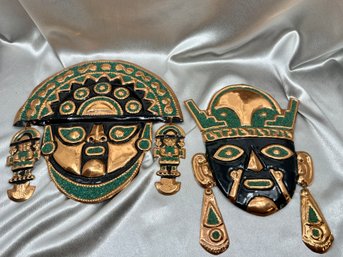 (A-71) PAIR OF VINTAGE PRESSED METAL MEXICAN MAYAN MASKS WALL DECOR
