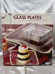 (A-74) NEW OLD STOCK, SET OF NINE SQUARE GLASS PLATES WITH PLATINUM RIM