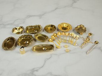 (A-101) VINTAGE COLLECTION OF GOLD TONED INDIAN DINNERWARE SERVING PIECES -ASSORTED SIZES AND ITEMS