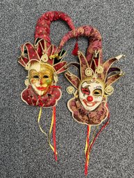 (P-91) PAIR OF VINTAGE FABRIC VENETIAN CARNIVAL MASKS WALL HANGINGS -21'