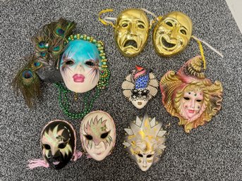 (P-95)  COLLECTION OF EIGHT DECORATIVE MASKS WALL HANGINGS - PORCELAIN, WOOD, BRASS - 5-10'