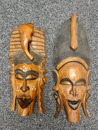 (P-98) PAIR OF VINTAGE CARVED AFRICAN MASKS -  WALL DECOR  - 23'
