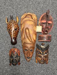 (P-99) COLLECTION OF FIVE VINTAGE CARVED AFRICAN MASKS INCLUDING JAMBO KENYA MASK-  WALL DECOR  - 12-24'