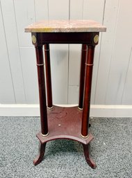 (P-102) VINTAGE PLANT STAND, ACCENT TABLE WOOD WITH MARBLE TOP -31' BY 12'