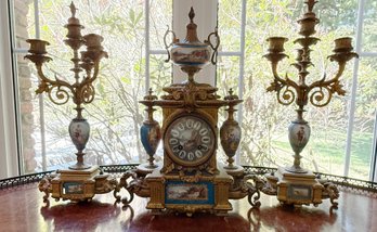 (LR) ANTIQUE SEVRES STYLE PORCELAIN & GILT METAL GARNITURE CLOCK SET, PAIR OF CANDELABRAS & MANTLE CLOCK -