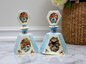 (A-8) VINTAGE PAIR OF MEPOCO HAND PAINTED LIDDED PERFUME BOTTLES-JAPAN-