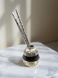 (A-13) VINTAGE SILVER ARGENTINIAN GAUCHO MATE GOURD AND BOMBILLA STRAW SET-ETCHED SILVER