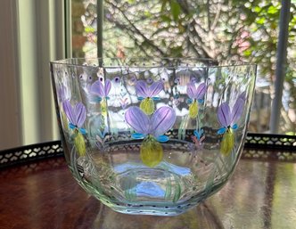 (A-210) VINTAGE ORREFORS SWEDEN HAND PAINTED PANSIE BOWL - EVA ENGLUND DESIGNED - 10' BY 6'