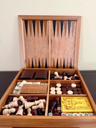 (P) WOOD CHESS / BACKGAMMON / CHECKERS SET WITH STORAGE FOR PIECES -15'