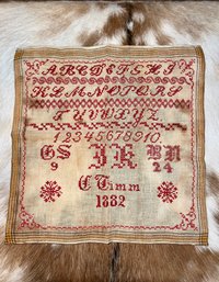 (PH) ANTIQUE HAND SEWN SAMPLER - 'C TIMM 1882' EMBROIDERED ALPHABET & MONOGRAMS ON LINEN - 13'SQ.