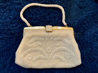 (BAG-8) VINTAGE BEADED HANDBAG -MOTHER OF PEARL & WHITE SEED BEADS, MADE JAPAN - SEE INTERIOR STAINS -9' BY 7