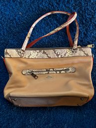 (BAG-10) COACH TYLER TOTE HANDBAG IN SAND COLOR LEATHER WITH PYTHON TRIM- 15' BY 11' BY 6'