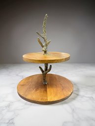 (A-67) VINTAGE TWO TIER ROUND TABLE DISPLAY-WOOD & METAL ANTLERS-CUPCAKE STAND-approx. 17' Tall