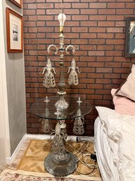 (U-87) VINTAGE GLASS TOP TABLE WITH ORNATE ATTACHED LAMP & LIGHTS UNDER BASE -WORKING -67'H BY 24'W
