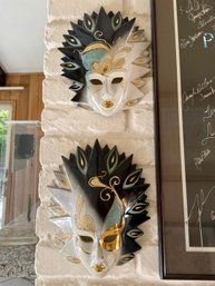 (HALL) PAIR OF VINTAGE HAND PAINTED PORCELAIN MASKS - 9' BY 11' EA.
