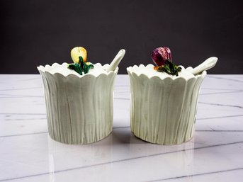 (A-71) VINTAGE PAIR OF CERAMIC LIDDED JELLY/JAM HOLDERS W/SPOONS-ITALY