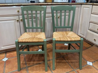 (K) PAIR OF GREEN WOOD CHAIRS - RUSH SEAT, MADE IN ITALY