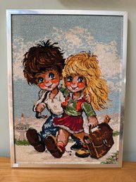(AR-2) FRAMED VINTAGE NEEDLEPOINT DEPICTING BIG EYED SCHOOL CHILDREN WALKING TO SCHOOL - 25' BY 32'