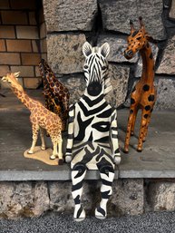 (P-80) HERD OF ASSORTED JUNGLE ANIMAL SCULPTURES, 3 GIRAFFES & A ZEBRA - WOOD, PAPER MACHE & COMPOSITE