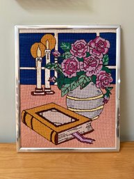 (AR-10) VINTAGE FRAMED NEEDLEPOINT ART, STILL LIFE WITH CANDLES- 21' BY 17'
