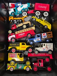 (P-82) BIG COLLECTION OF CAST IRON ADVERTISING TRUCKS CARS - COCA COLA, MOUNTAIN DEW, PEPSI, ALL AS-IS