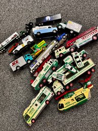 (P-83) BIG COLLECTION OF CAST IRON ADVERTISING TRUCKS CARS -HESS, CABLEVISION, ACE - ALL AS-IS