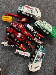 (P-84) BIG COLLECTION OF CAST IRON ADVERTISING TRUCKS CARS - TRASH TRUCKS, HONDA, FIRE TRUCK - ALL AS-IS