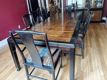 (DR) LARGE TWO TONED ASIAN STYLE DINING TABLE & SIX CHAIRS - 76' BY 46' BY 30' INCLUDING 2 18' LEAVES & PADS