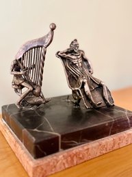(AR-50) - VINTAGE YACOV HELLER STERLING SILVER SCULPTURE ON MARBLE BASE 'KING DAVID & SAUL W/HARP' - 8' SQ.
