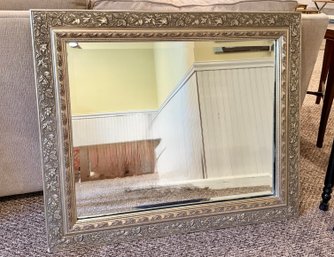 (BASE) HEAVY VINTAGE BEVELED EDGE WALL MIRROR WITH SILVER TONE FRAME - 37' BY 32' - PICK UP ONLY